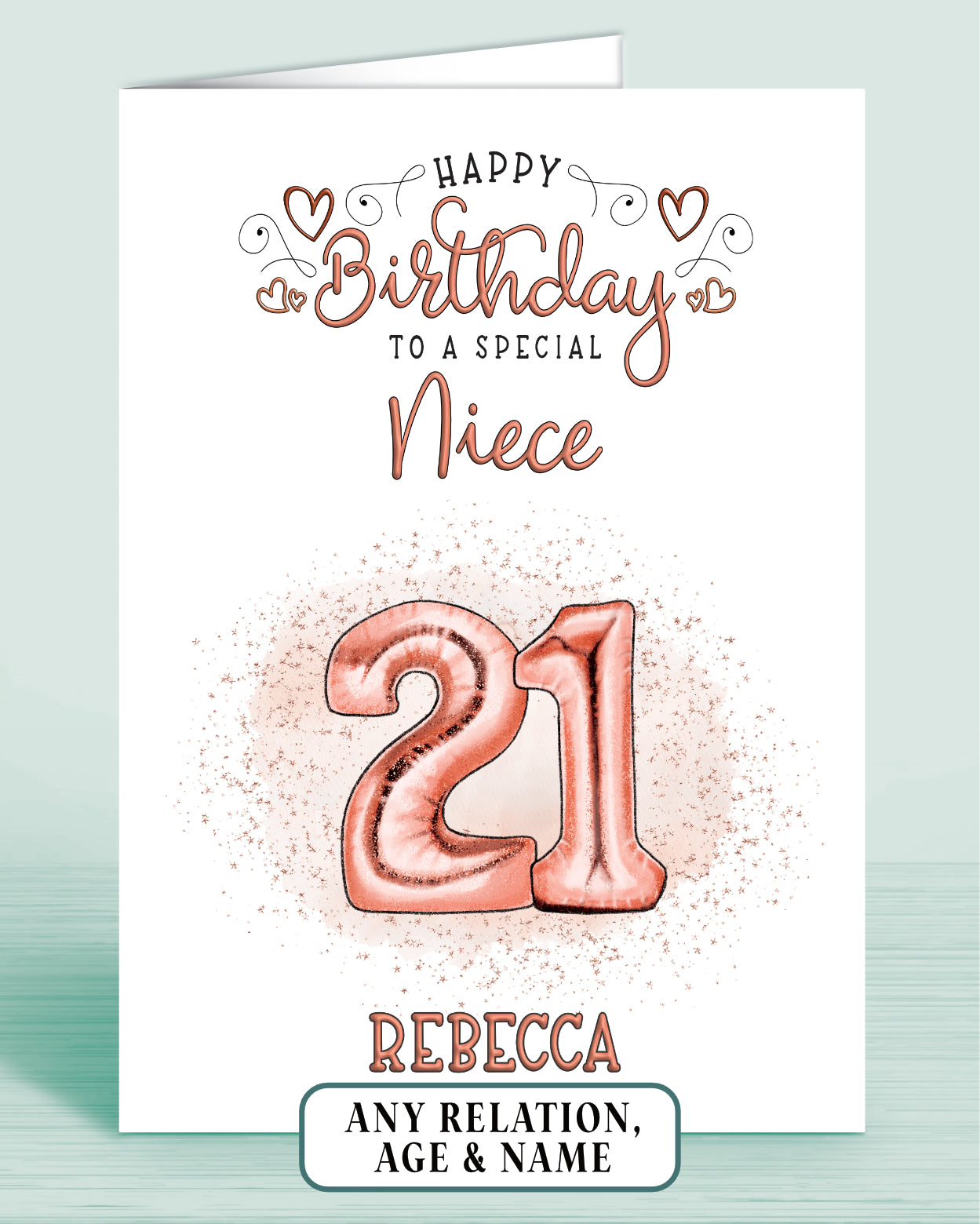 21st Birthday Card, Niece Birthday Card, Personalised Birthday Card for Her (approx 6x6 inches, inc envelope) - Oliver Rose Designs