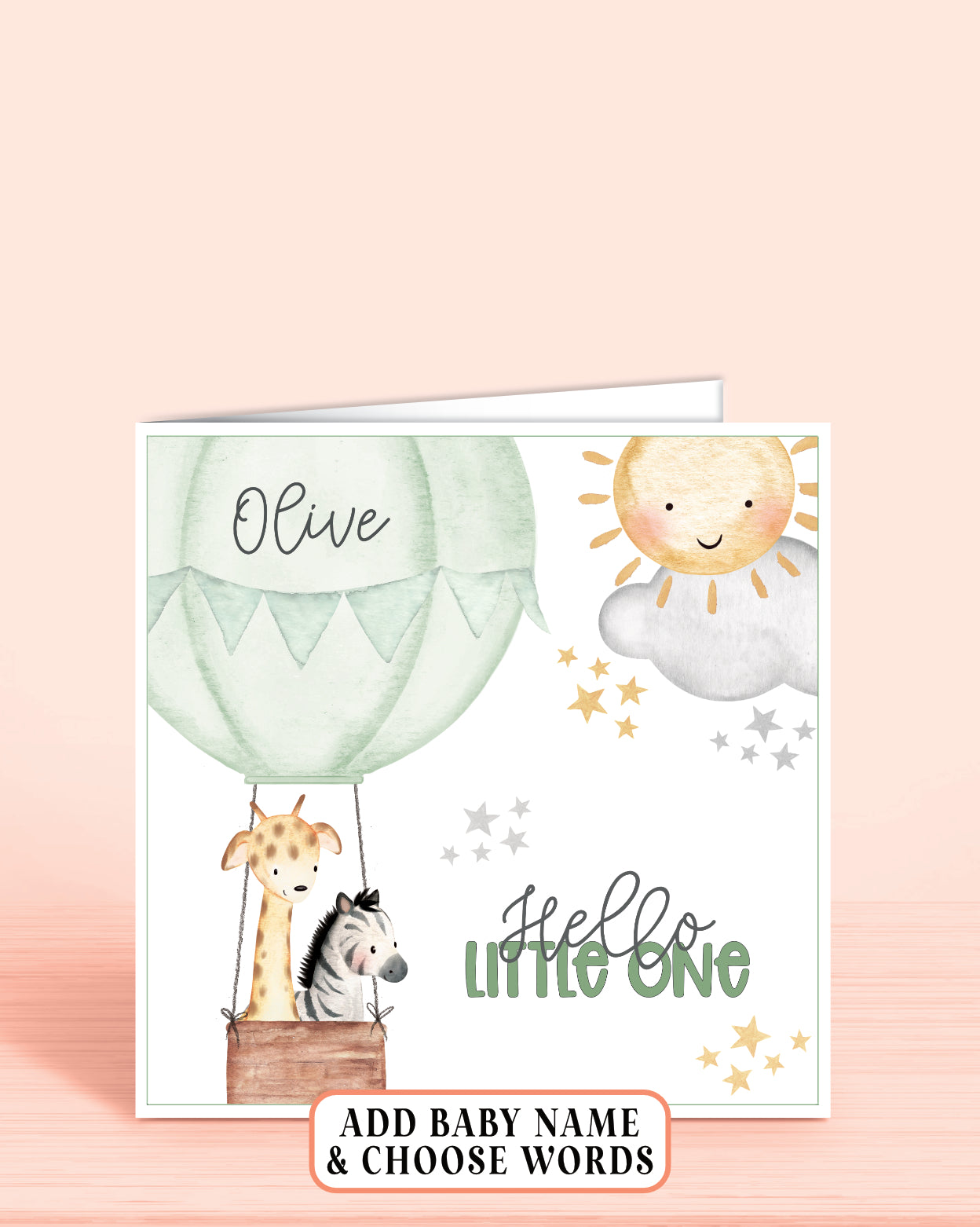 Hot Air-Balloon Personalised New Baby Boy or Girl Card in Green, Hello Little One | Oliver Rose Designs
