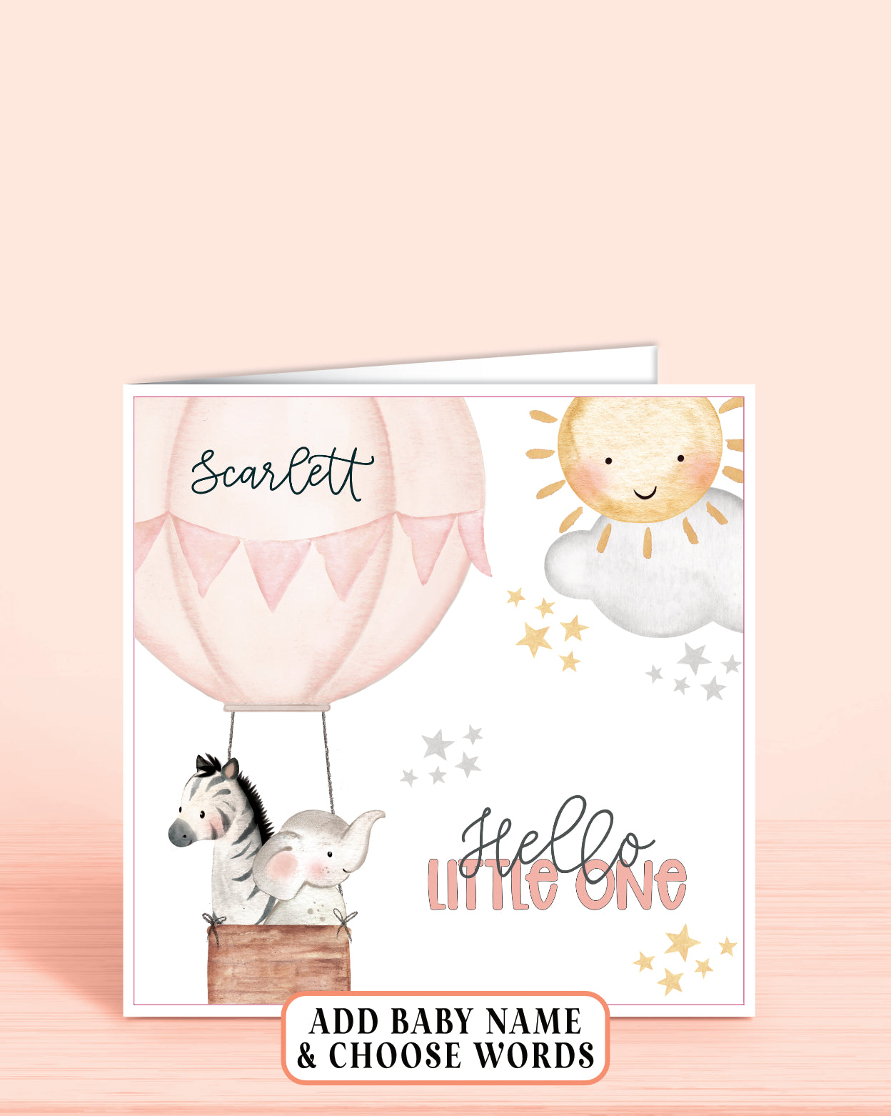 Hot Air-Balloon Personalised New Baby Girl Card in Pink, Hello Little One | Oliver Rose Designs