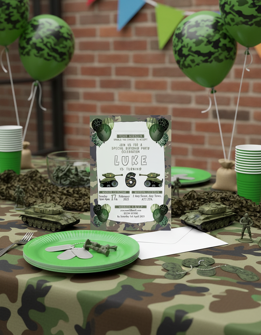 Army Tank birthday party invitation for Military themed birthday party with styled background for illustration purposes only.
