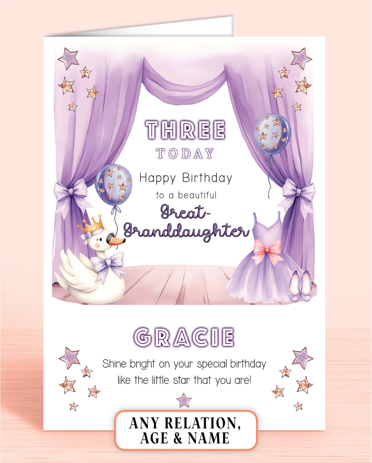 Birthday card for a great-granddaughter with lilac & purple design featuring a Swan, Ballet Dress & Shoes, and balloons set on a curtained stage.
