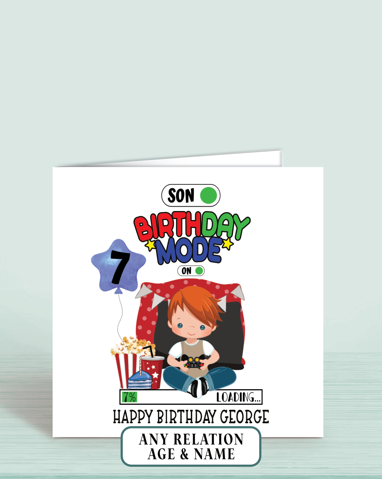 Gaming theme Son Birthday Card, Boys Personalised Birthday Card, Age 7 Birthday Card for Son with Red Hair