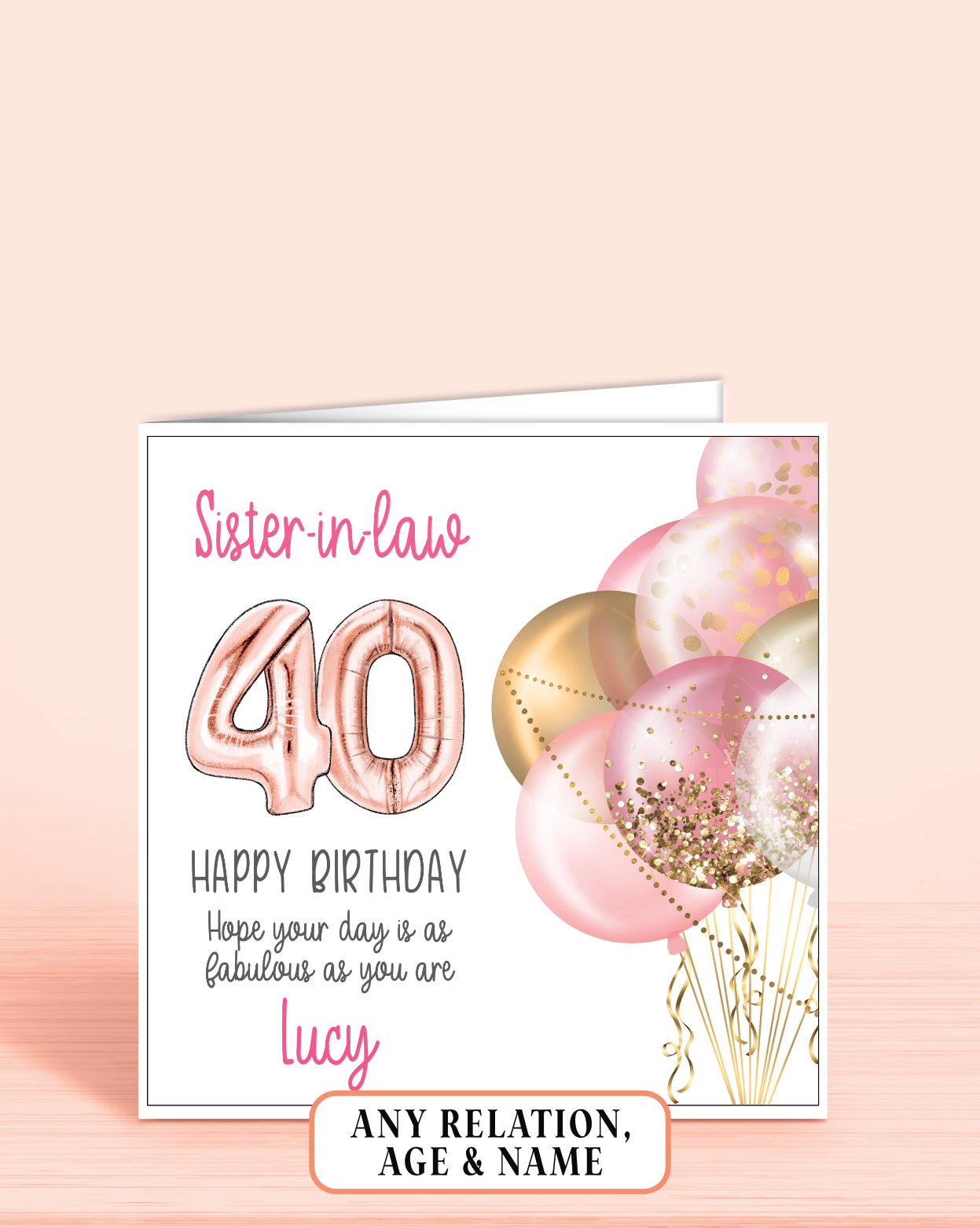 Sister-in-law Birthday Card, 40th Birthday Card for Sister In Law, personalised with a name | Oliver Rose Designs