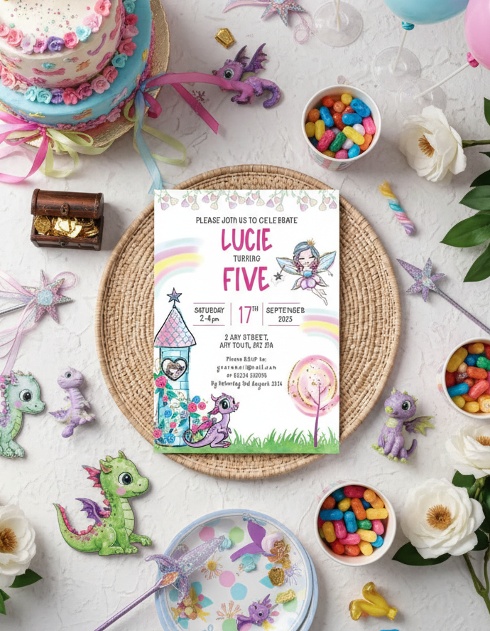 Fairies birthday party invitation for Fairy themed birthday party with styled background for illustration purposes only.