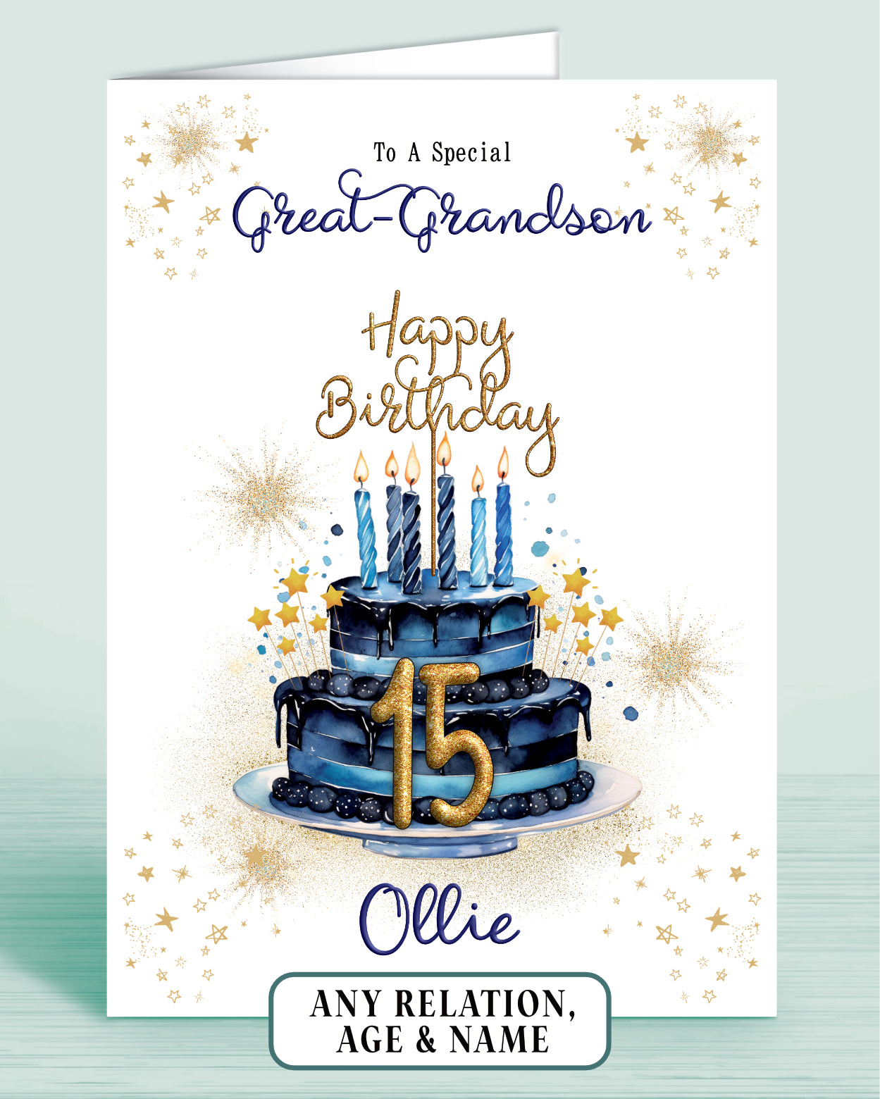Great-Grandson Birthday Card for Him, 15th Birthday Card for Male, Mens Personalised Blue Birthday Card | Oliver Rose Designs
