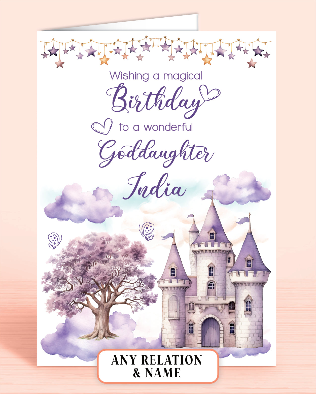 Goddaughter Birthday Card, Personalised Birthday Card for Girls, Purple Princess Castle, Any Relation, add a Name to Personalise! | Oliver Rose Designs