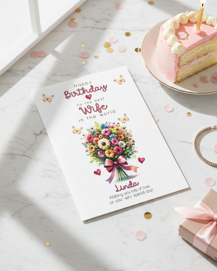 lifestyle image of Wife Birthday Card on a birthday themed background - AI Assisted Image