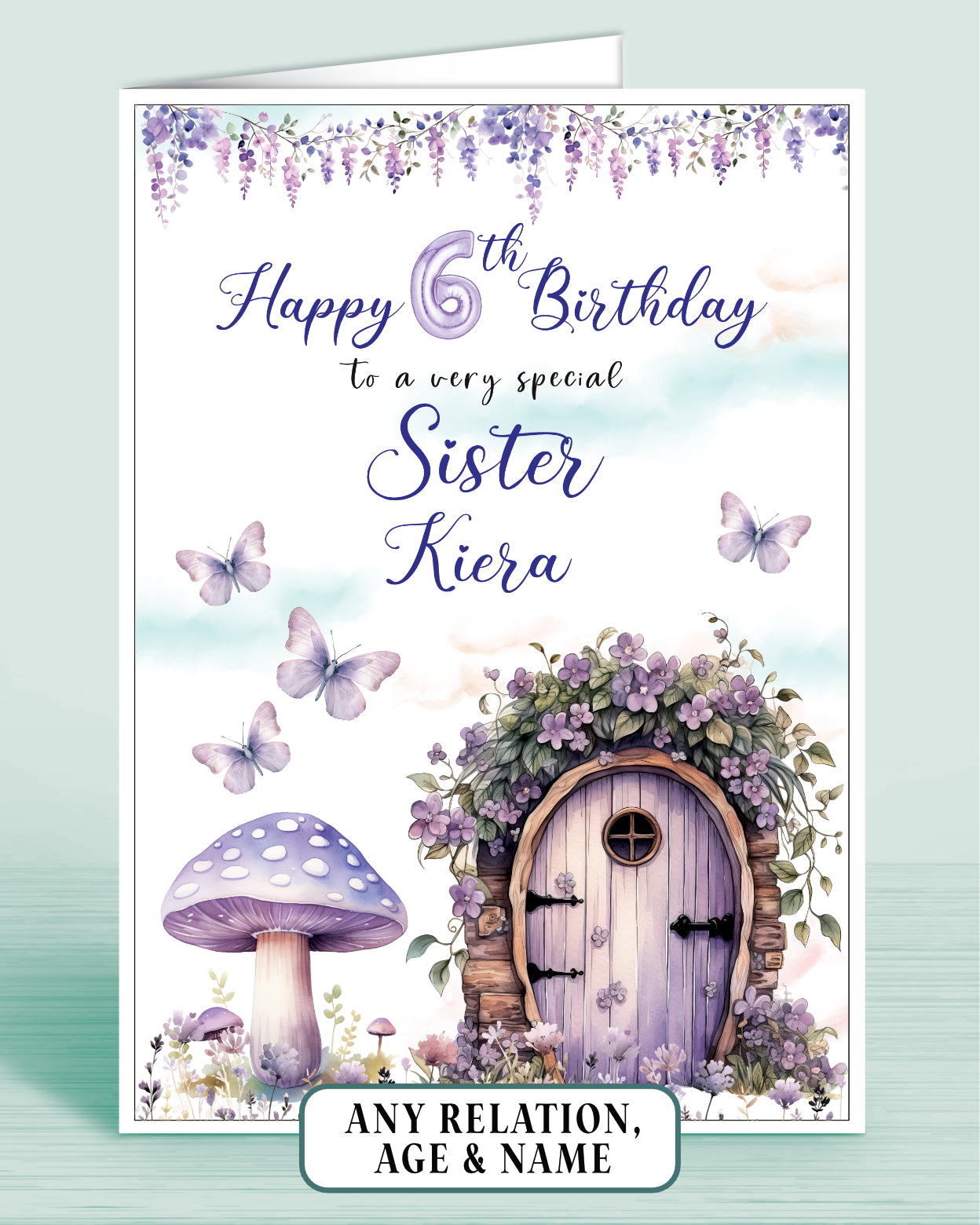 Sister Birthday Card, Girls 6th Birthday Card for Sister, Purple Fairy Door Toad Stool, Any Age, Any Relation, add a Name to Personalise! | Oliver Rose Designs