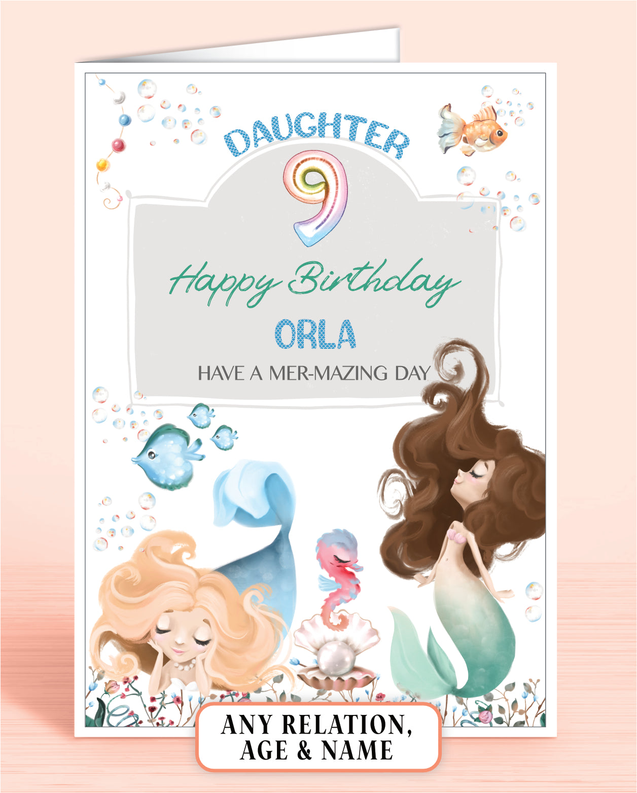 Daughter Birthday Card, Personalised 9th Birthday Card for Girls, any age or relation, Mermaid, Sea Horse & Fish Design| Oliver Rose Designs