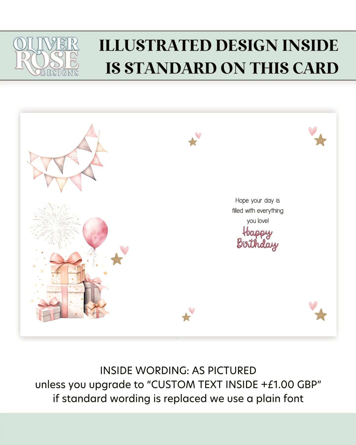 Inside Design, Greeting card with birthday design and text, featuring a gift and pink balloons and the words: Hope your day is filled with everything you love, Happy Birthday.