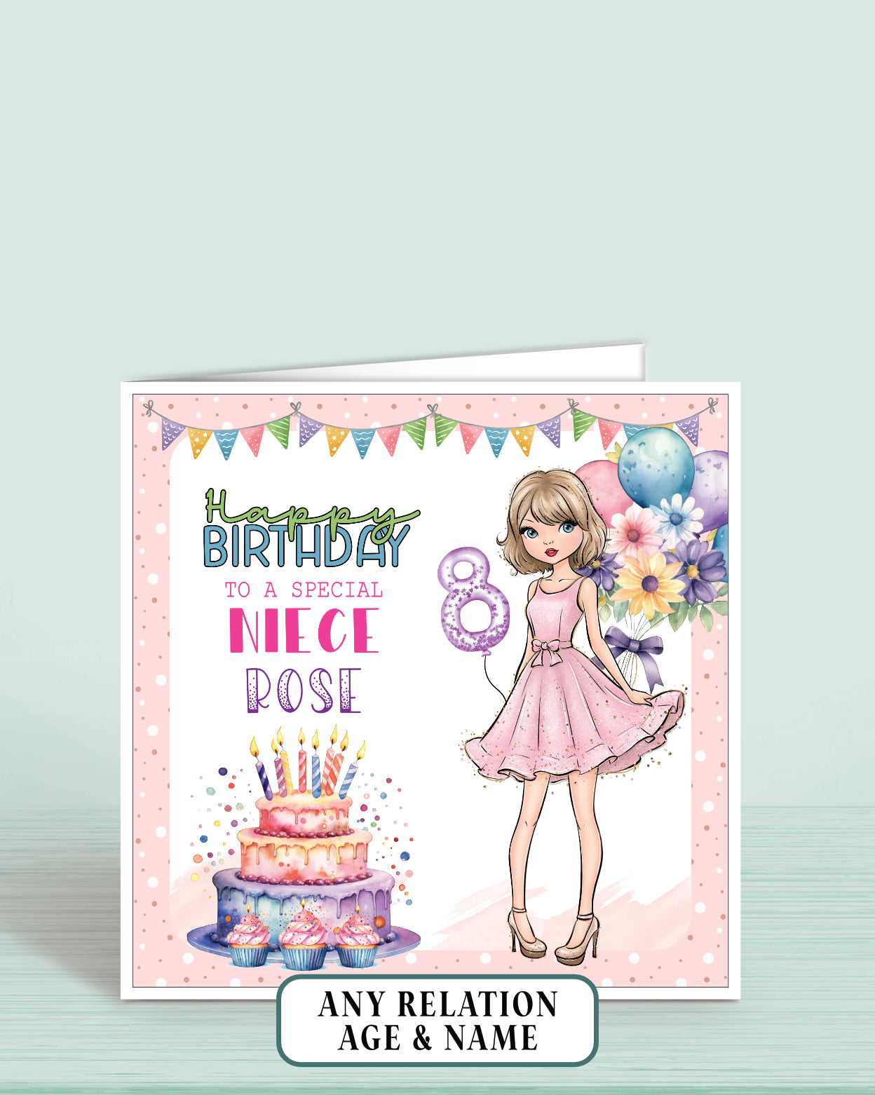 Birthday card for a special niece with a girl in a pink dress, cake, and balloons on a light pink dotted background.