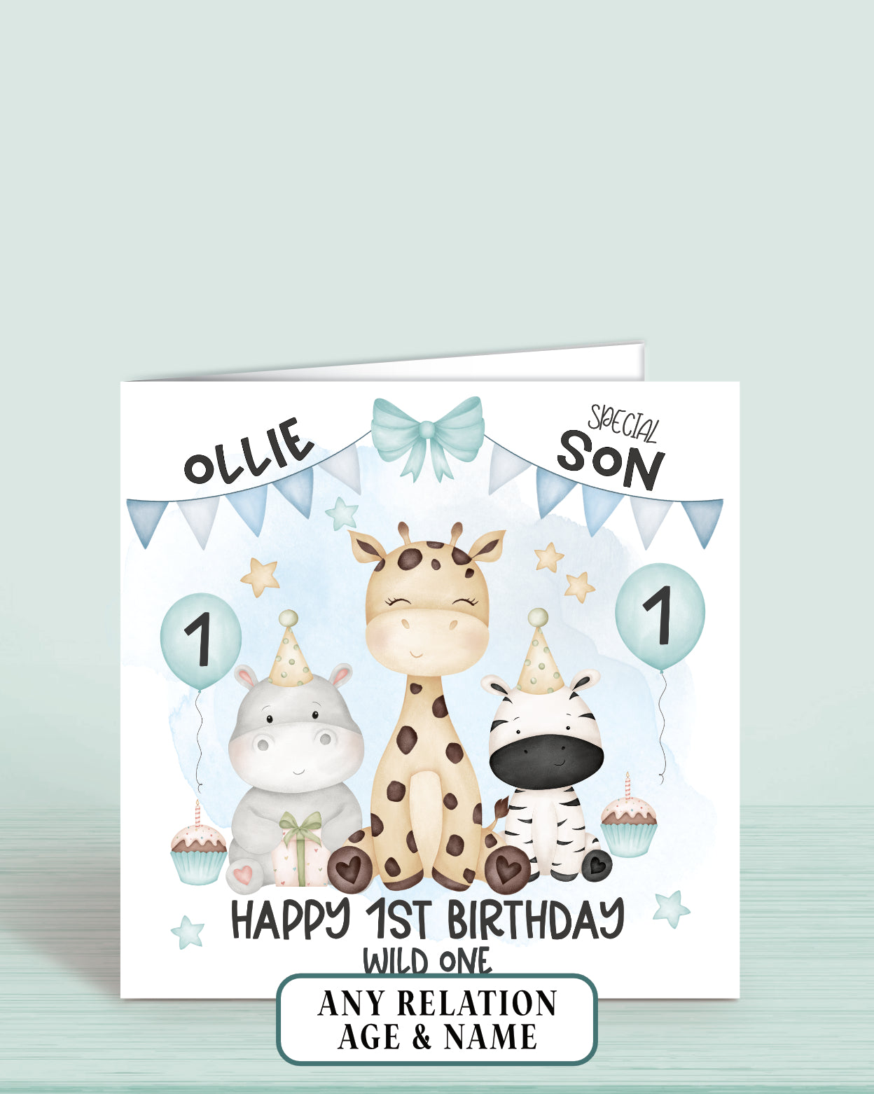 A 6x6 inch birthday card for a 1st birthday with a Hippo, Giraffe & Zebra, Happy 1st Birthday, Wild One, Son, Add any Relation & Name | Oliver Rose Designs