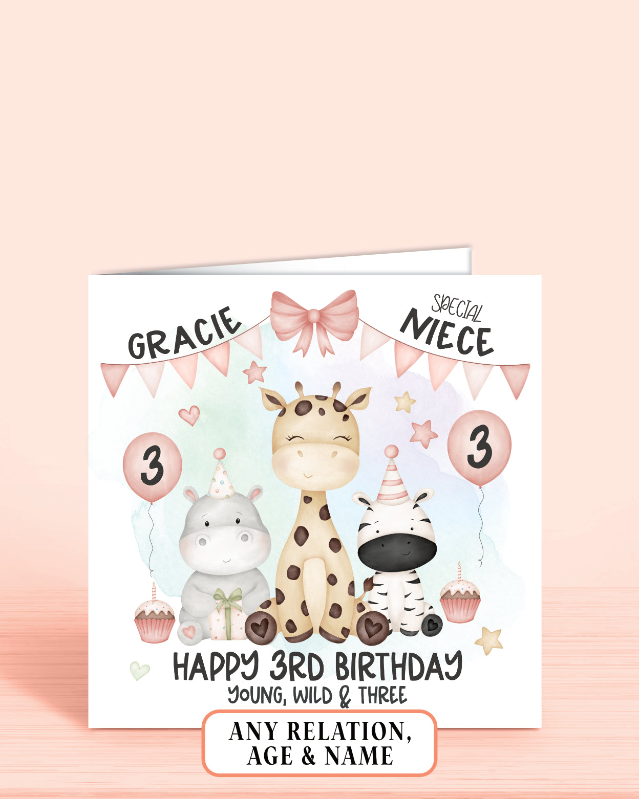 A 6x6 inch birthday card for a 3rd birthday with a Hippo, Giraffe & Zebra, Happy 3rd Birthday, Young, Wild & Three, Niece, Add any Relation & Name | Oliver Rose Designs