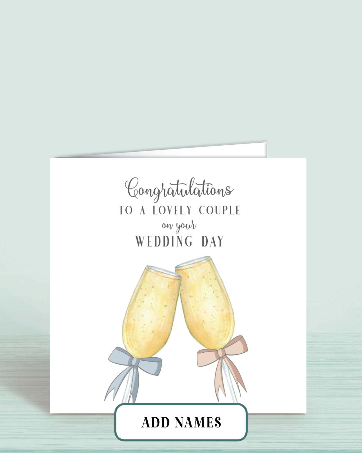 Wedding Card with Printed Champagne Glasses with Blue & Pink Bow & words Congratulations To A Lovely Couple on your Wedding Day