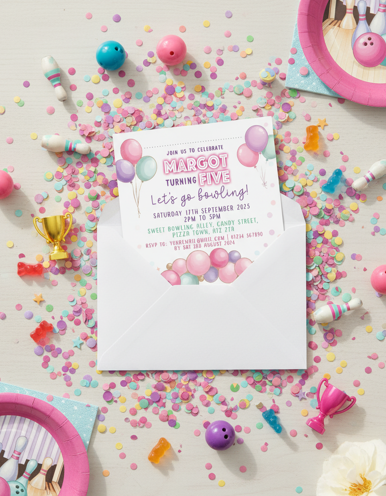 Tenpin Bowling birthday party invitation for bowling themed birthday party with styled background for illustration purposes only.