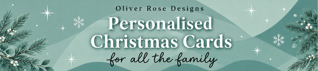 Blog Post Image: Shades of festive christmas green banner: Oliver Rose Designs Personalised Christmas Cards for all the family