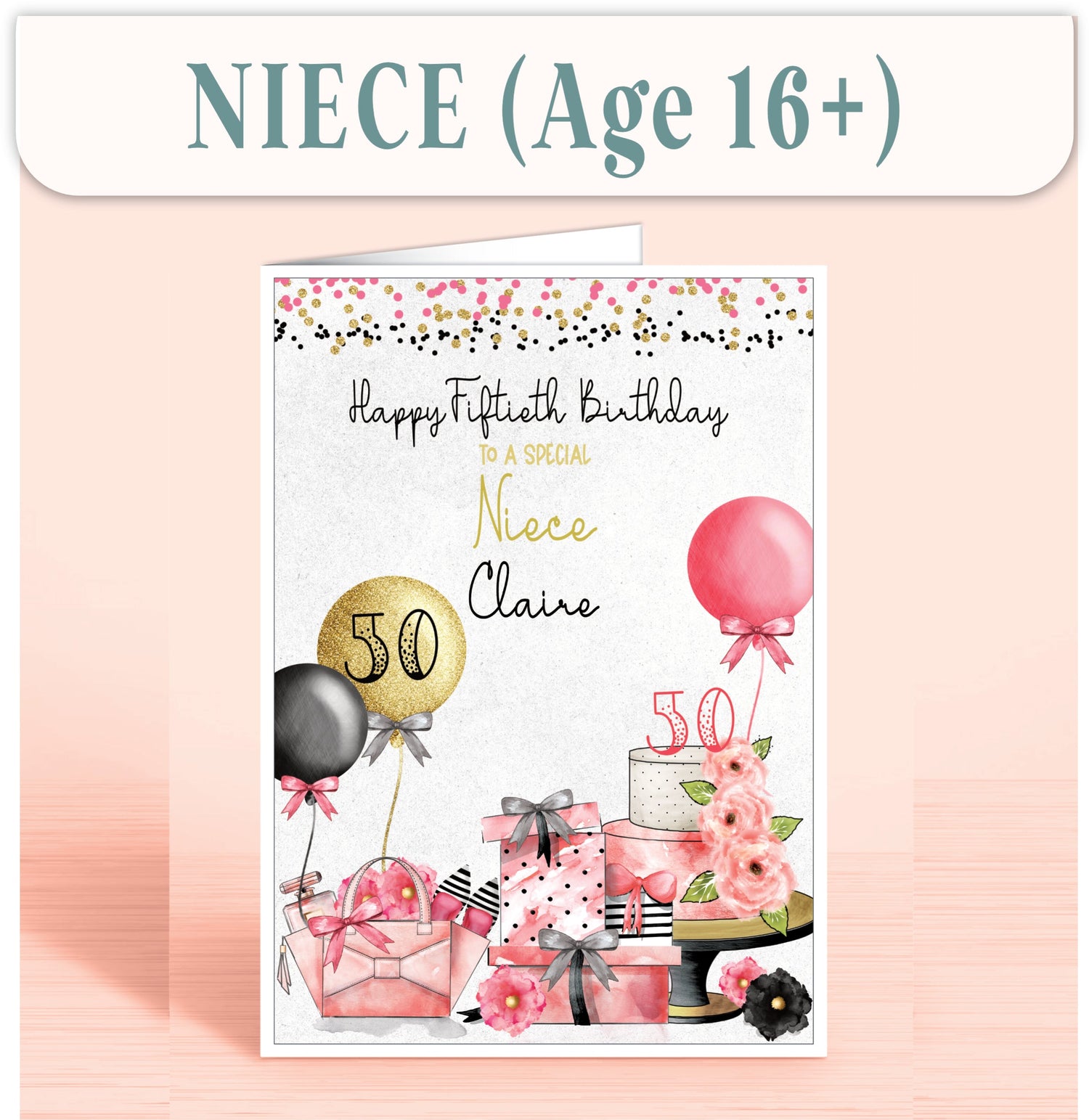 Niece Birthday Cards, Personalised Birthday Cards for Niece Age 16 and Over