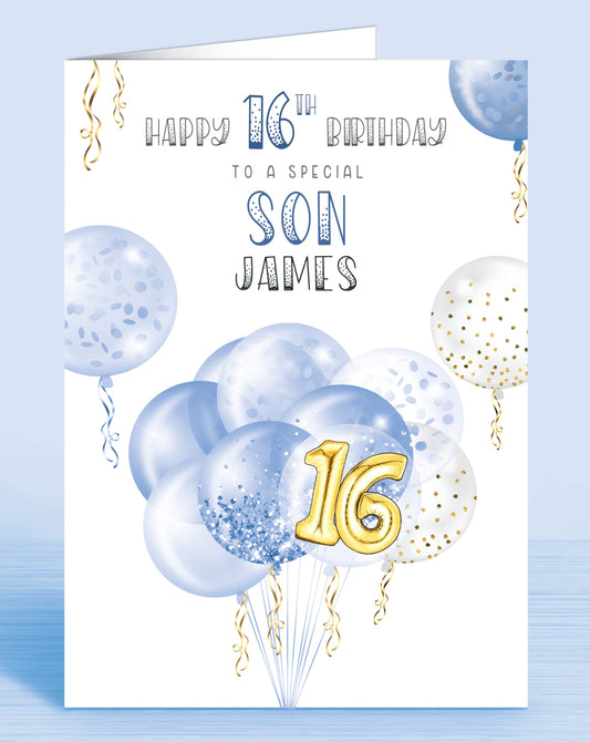 Son 16th Birthday Card, Blue White & Gold effect Balloons & Streamers make this the perfect card for anyone of any age! Son, Godson, Grandson, Nephew, Brother and beyond | Oliver Rose Designs
