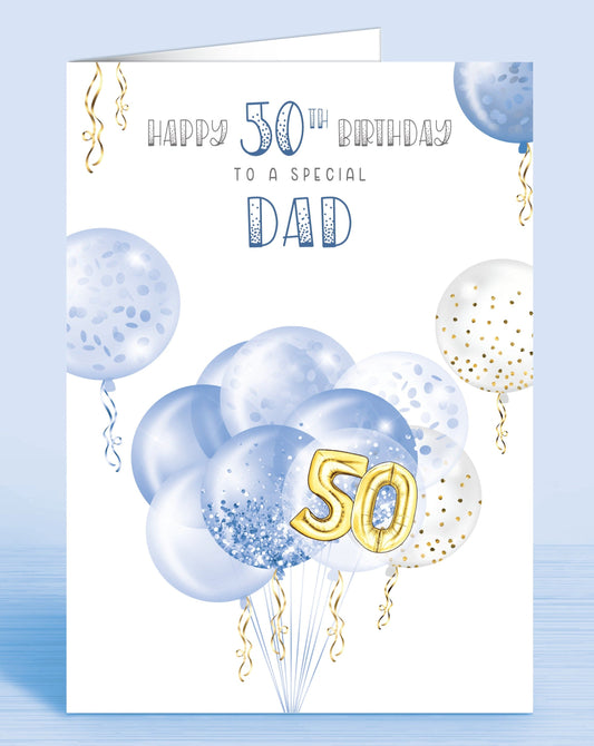 Dad 50th Birthday Card, Blue White & Gold effect Balloons & Streamers make this the perfect card for anyone of any age! Son, Grandson, Nephew, Uncle, Grandad, Brother and beyond | Oliver Rose Designs