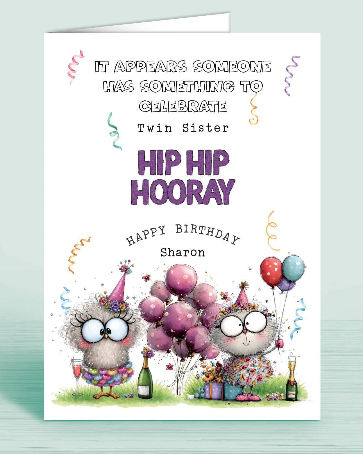 Twin Sister Hip Hip Hooray Birthday Card Quirky Cats