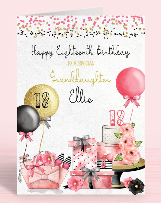 Glam Pink & Black Birthday Card, 18th Birthday Card, Granddaughter Birthday Card, Personalised Birthday Card | Oliver Rose Designs