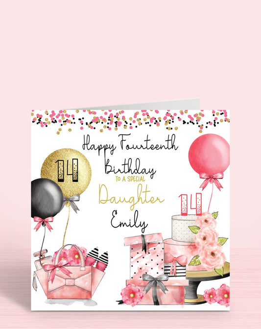 Glam Birthday Card, Pink, Black & Gold Effect, Any Age, 14th, Any Relation, To a Special Daughter, Handbag, Perfume, Shoes, Flowers, Presents & Gifts, Birthday Cake, Balloons & Confetti, Personalised [SKU: BDAYGLAM]
