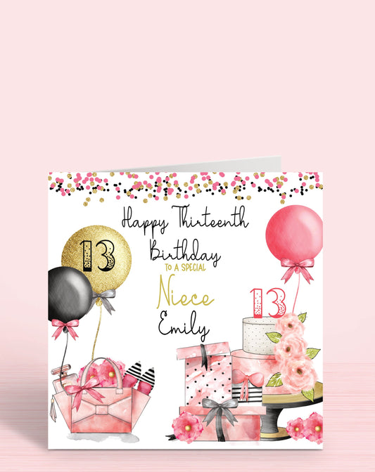 Glam Birthday Card, Pink, Black & Gold Effect, Any Age, 13th, Any Relation, To a Special Niece, Handbag, Perfume, Shoes, Flowers, Presents & Gifts, Birthday Cake, Balloons & Confetti, Personalised [SKU: BDAYGLAM]