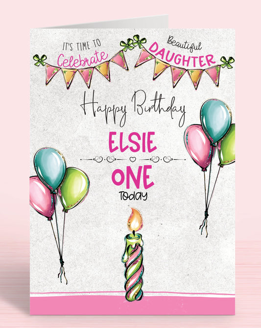 Pastel Candles Personalised 1st Birthday Card, Beautiful Daughter, It's time to Celebrate, One Today | Oliver Rose Designs