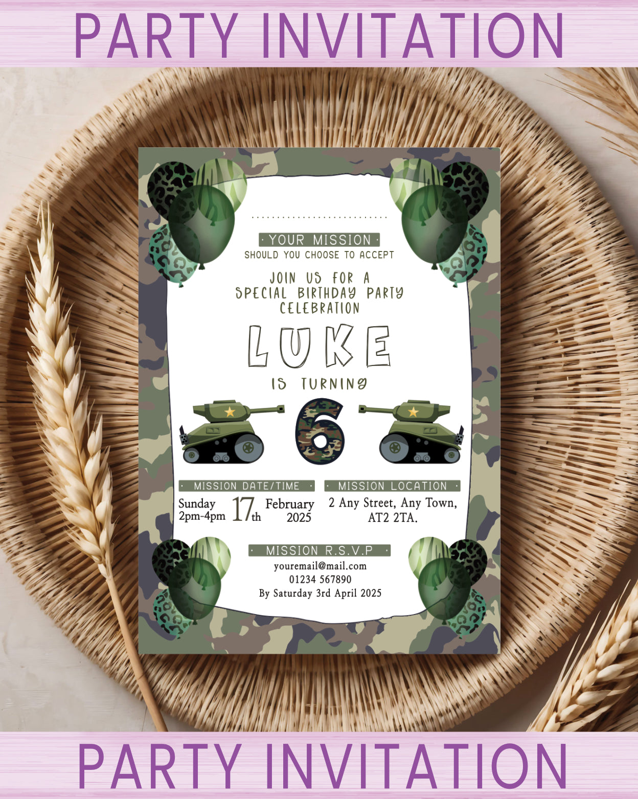 Kids Army Tank Party invitations for a military themed birthday Party Celebration. Pack sizes available: 10, 20, 30.