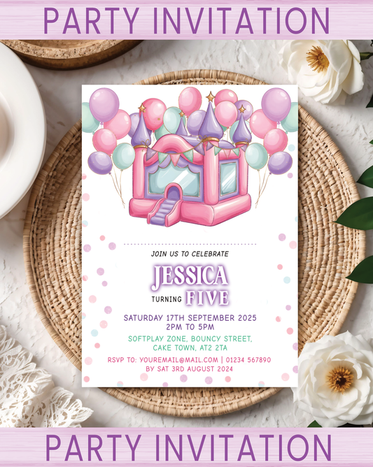 Kids Party invitations for a birthday celebration with a bouncy castle design in pink, green & purple. Pack sizes available: 10, 20, 30.