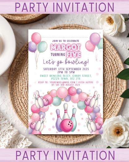Kids Party invitations for a birthday celebration with a ten-pin bowling design in pink, green & purple. Pack sizes available: 10, 20, 30.