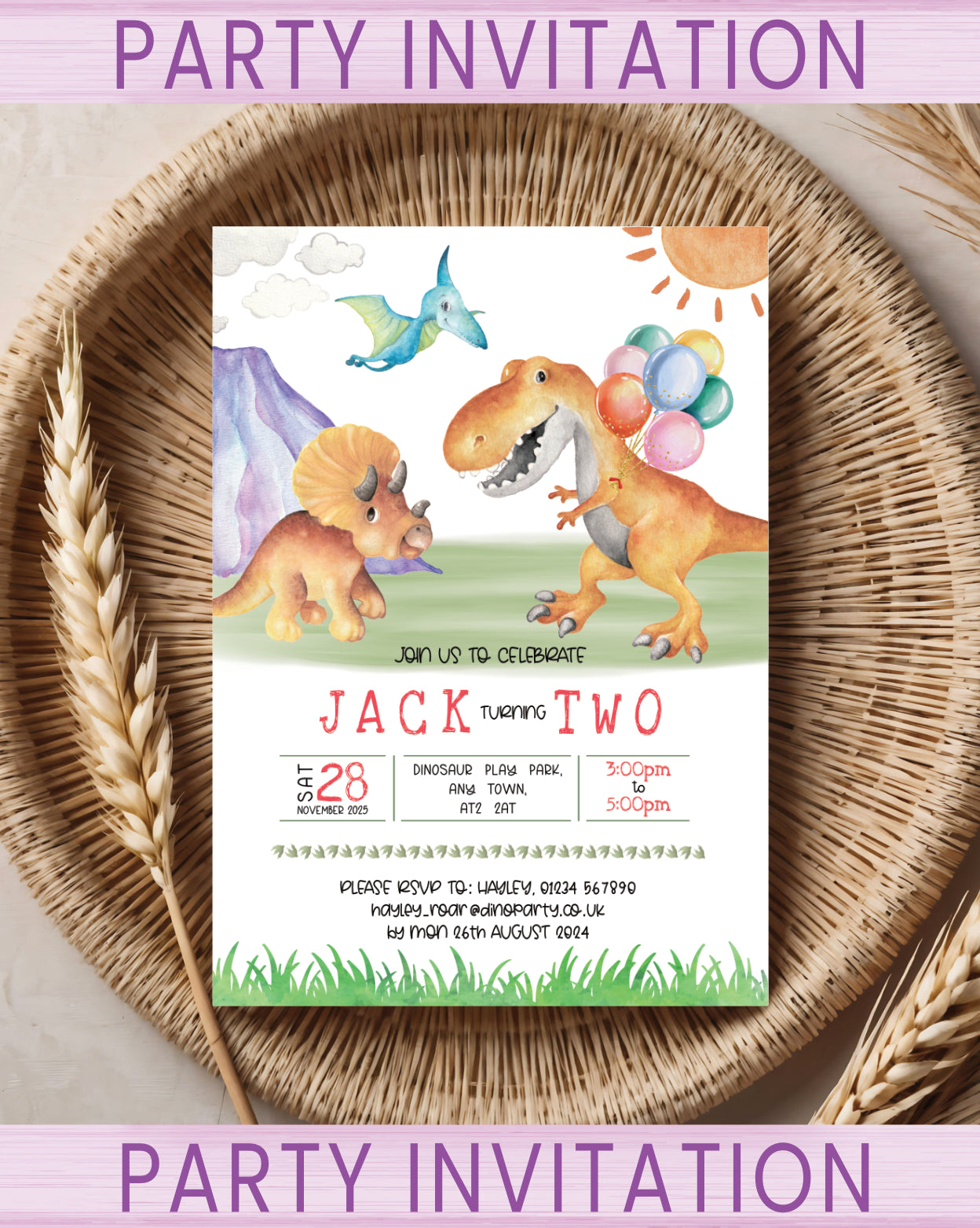 Kids Dinosaur Party invitations for a birthday celebration with a Dinosaur themed design. Pack sizes available: 10, 20, 30.