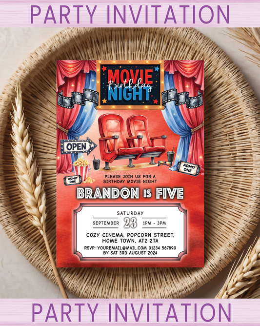 Kids Movie Night Birthday Party invitations for a cinema or movie night themed birthday Party Celebration. Red & Blue. Pack sizes available: 10, 20, 30.