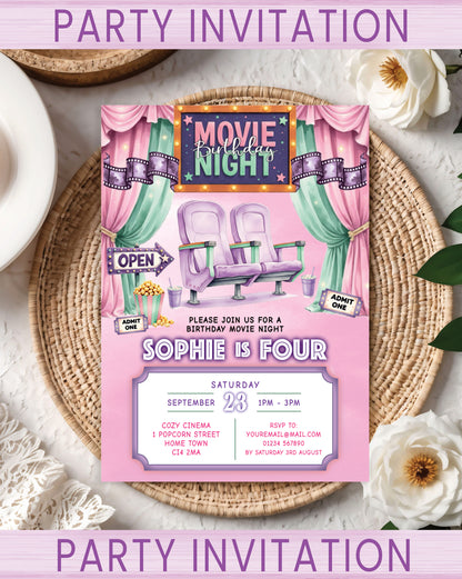 Kids Movie Night Birthday Party invitations for a cinema or movie night themed birthday Party Celebration. Pink, Purple & Green. Pack sizes available: 10, 20, 30.