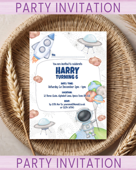 Kids Space Astronaut Party invitations for a birthday celebration with a Space themed design. Pack sizes available: 10, 20, 30.
