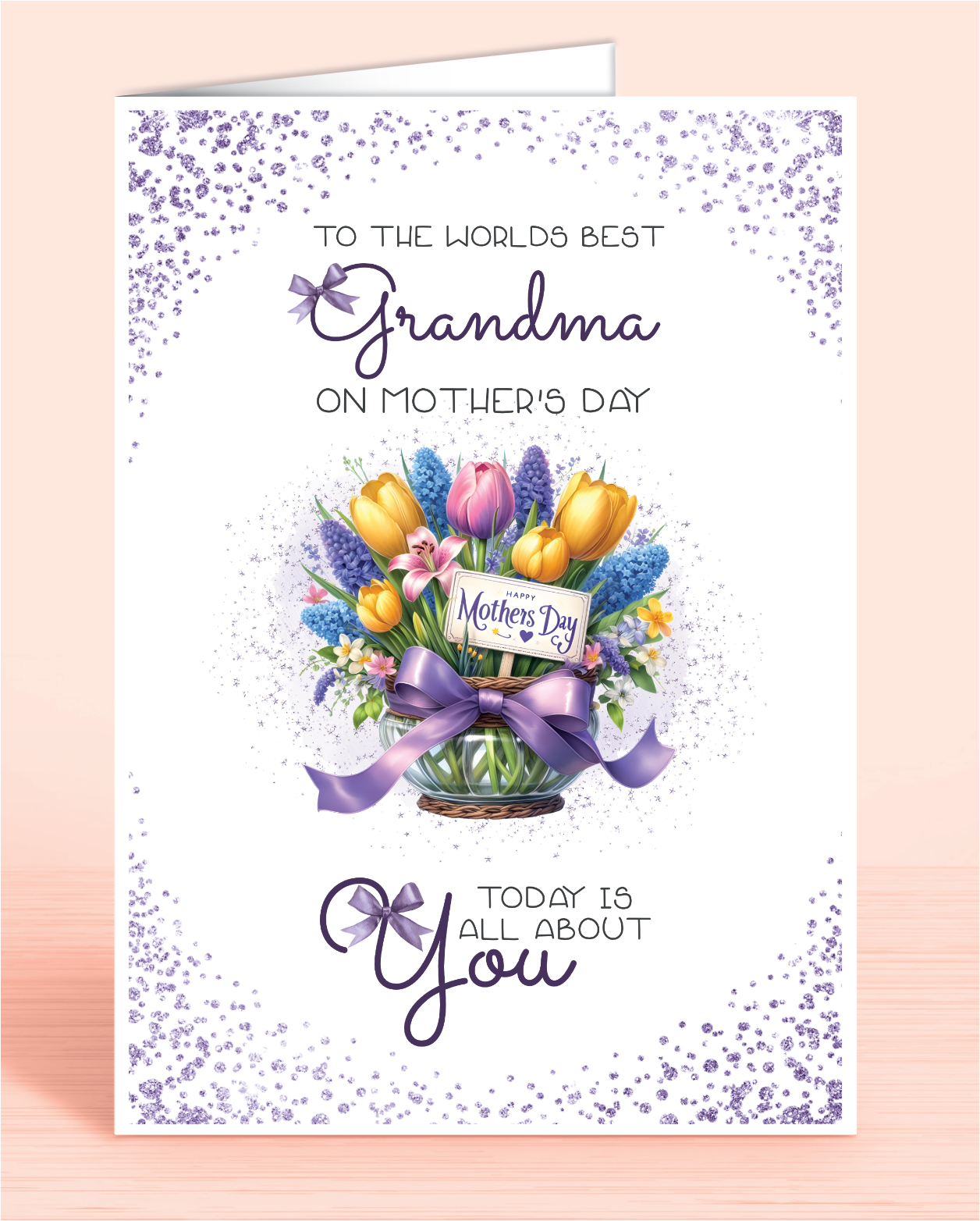 A Mother's Day card with a purple bouquet floral design and a message that reads 'To the worlds best Grandma on Mother's Day. Today is all about you" | Oliver Rose Designs