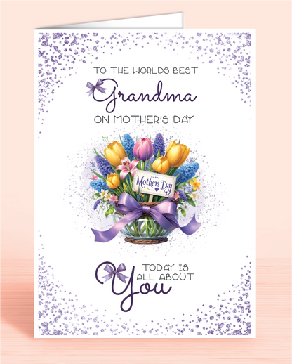 A Mother's Day card with a purple bouquet floral design and a message that reads 'To the worlds best Grandma on Mother's Day. Today is all about you" | Oliver Rose Designs