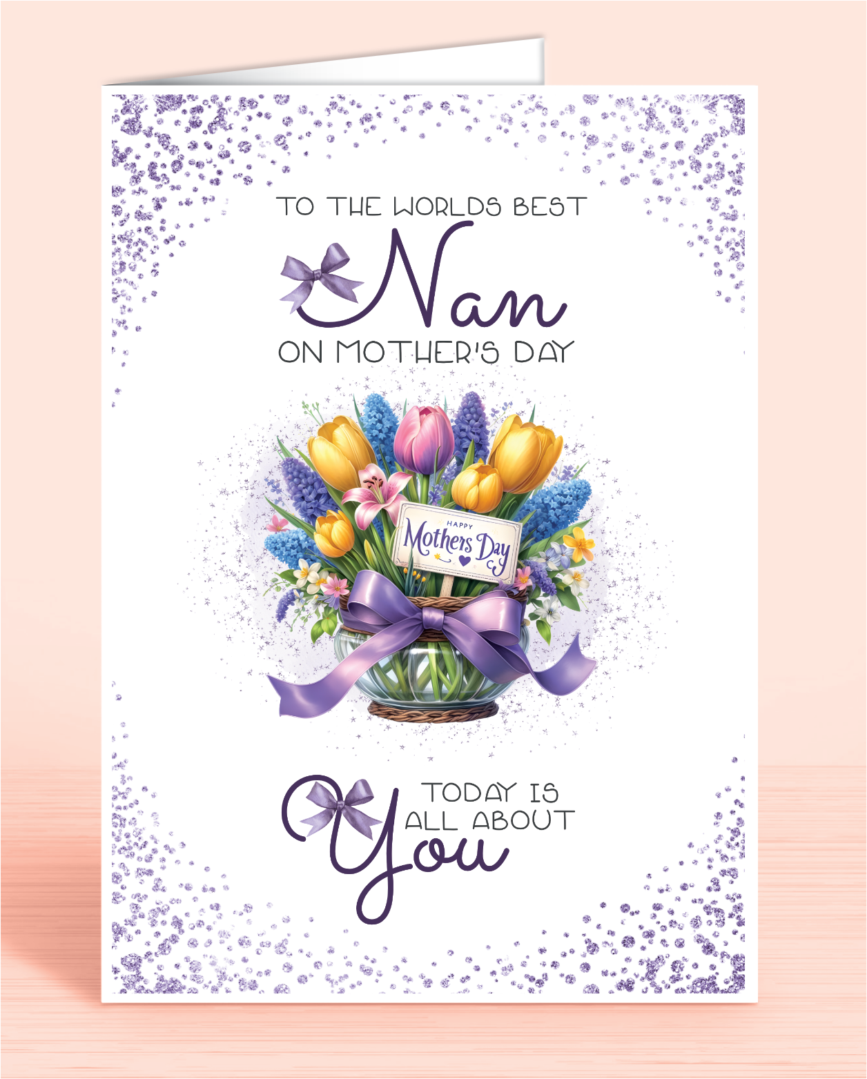 A Mother's Day card with a purple bouquet floral design and a message that reads 'To the world's best Nan on Mother's Day. Today is all about you" | Oliver Rose Designs