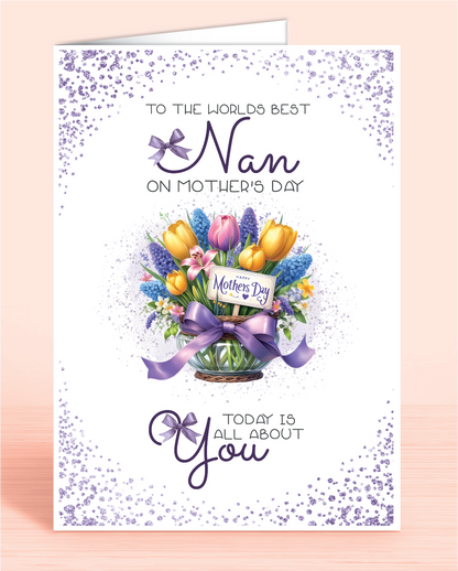A Mother's Day card with a purple bouquet floral design and a message that reads 'To the world's best Nan on Mother's Day. Today is all about you" | Oliver Rose Designs