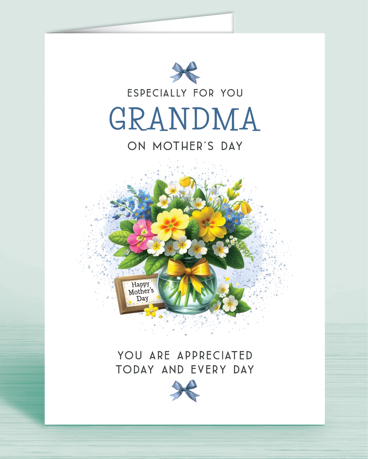 A Mother's Day card with a blue & yellow bouquet floral design and a message that reads 'Especially for you Grandma on Mother's Day. You are appreciated today and every day" | Oliver Rose Designs
