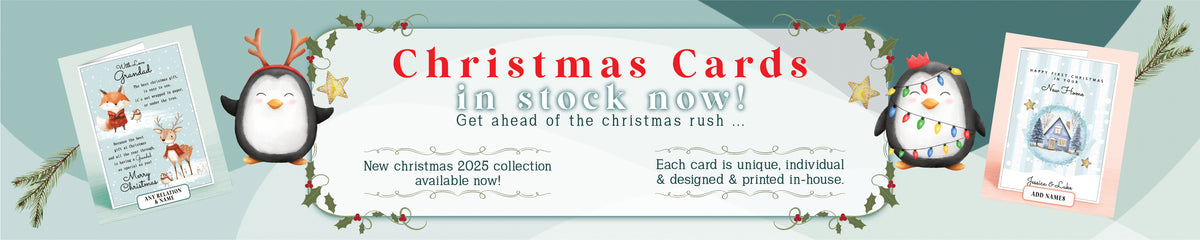 Promotional banner for Christmas cards with penguin illustrations and text on a green background.