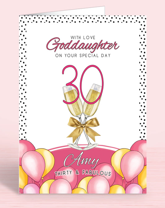 Goddaughter Birthday Card, Pink Polkadot Goddaughter 30th Birthday Card, Pink & Yellow Balloons, Bubbly & faux Gold Bow. With Love Goddaughter on your special day, personalised birthday card for her, Thirty & Fabulous | Oliver Rose Designs
