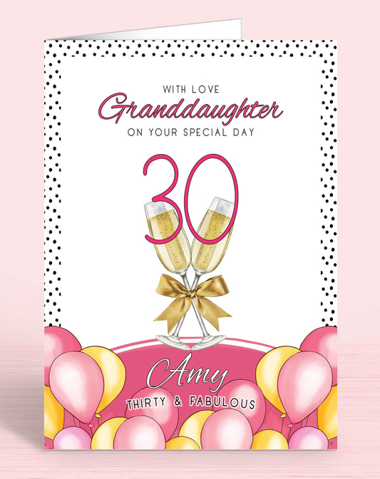 Granddaughter Birthday Card, Pink Polkadot Granddaughter 30th Birthday Card, Pink & Yellow Balloons, Bubbly & faux Gold Bow. With Love Granddaughter on your special day, personalised birthday card for her, Thirty & Fabulous | Oliver Rose Designs