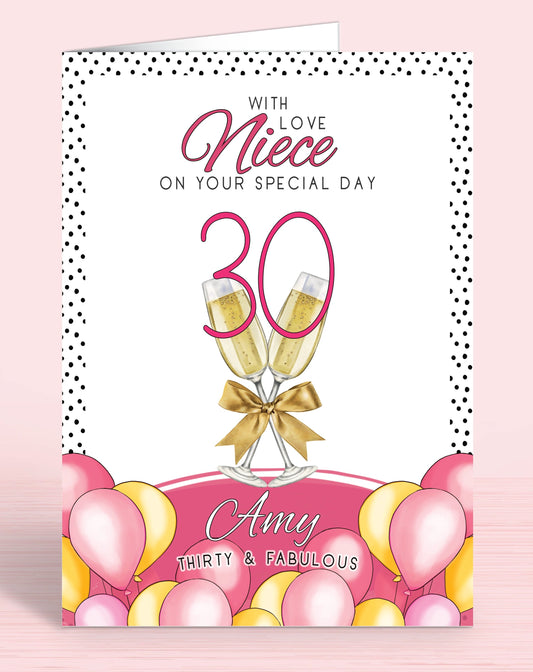 Niece Birthday Card, Pink Polkadot Niece 30th Birthday Card, Pink & Yellow Balloons, Bubbly & faux Gold Bow. With Love Niece on your special day, personalised birthday card for her, Thirty & Fabulous | Oliver Rose Designs