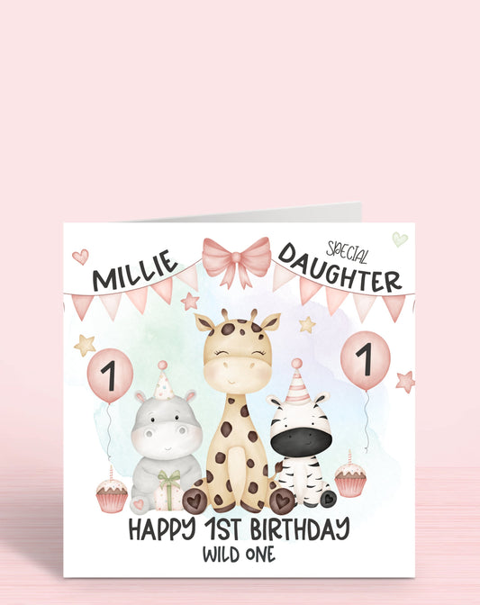 Safari Animals 1st Birthday Card in PINK, Personalised with a Name, Special DAUGHTER, Happy 1st Birthday Card, WILD ONE, Giraffe, Rhino & Zebra [Oliver Rose Designs]
