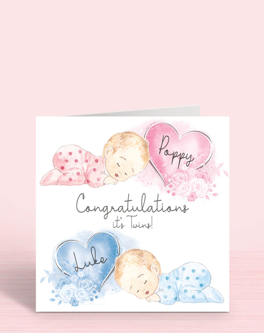 Newborn Baby Twins Girl & Boy Congratulations Card (5.75" Square - Pink & Blue) Personalised with Names, Blonde Hair Congratulations Beautiful Twins Girl & Boy | Oliver Rose Designs