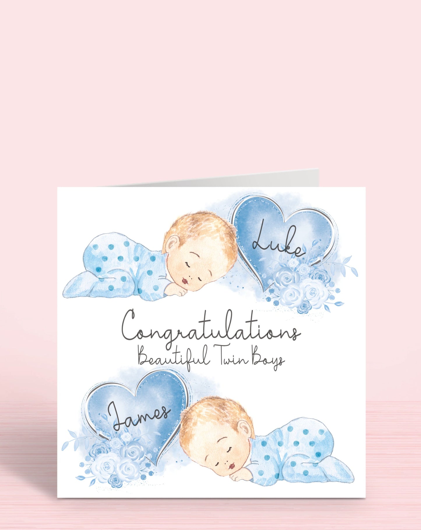 Newborn Baby Twin Boys Congratulations Card (5.75" Square - Blue & Blue) Personalised with Names, Blonde Hair Congratulations Beautiful Twin Boys | Oliver Rose Designs