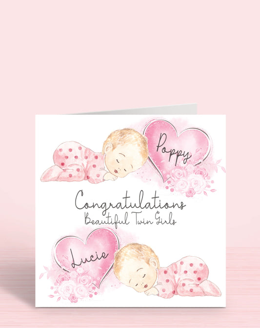Newborn Baby Twin Girls Congratulations Card (5.75" Square - Pink & Pink) Personalised with Names, Blonde Hair Congratulations Beautiful Twin Girls | Oliver Rose Designs