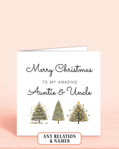 Christmas Trees Christmas Card, Merry Christmas to my amazing Auntie & Uncle, illustration of 3 xmas trees, add names if required. by Oliver Rose Designs