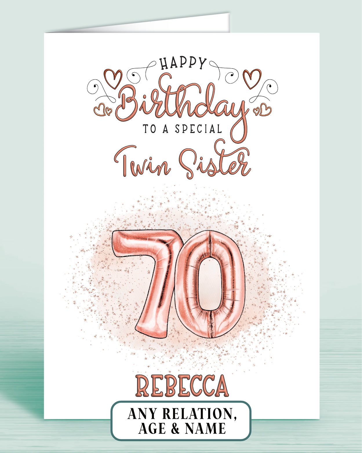 70th Birthday Card, Twin Sister Birthday Card, Personalised Birthday Card for Her (approx 6x6 inches, inc envelope) - Oliver Rose Designs